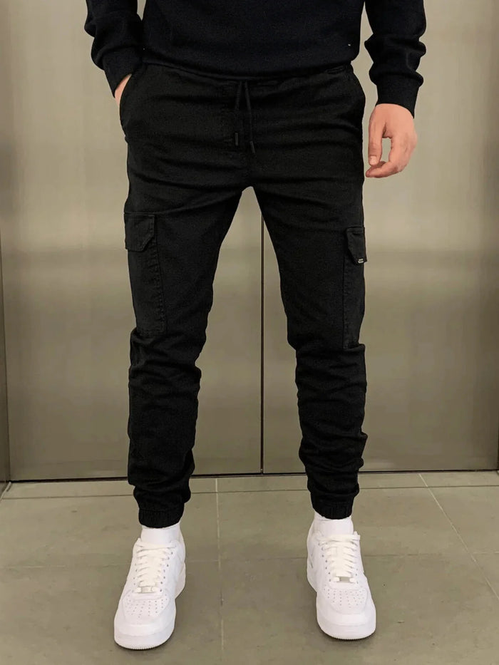 Black Men's Slim Fit Cargo Joggers with Drawstring Waist & Multi-Pocket Design