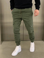 Green Men's Slim Fit Cargo Joggers with Drawstring Waist & Multi-Pocket Design - Front Full