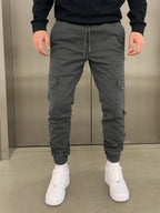 Grey Men's Slim Fit Cargo Joggers with Drawstring Waist & Multi-Pocket Design