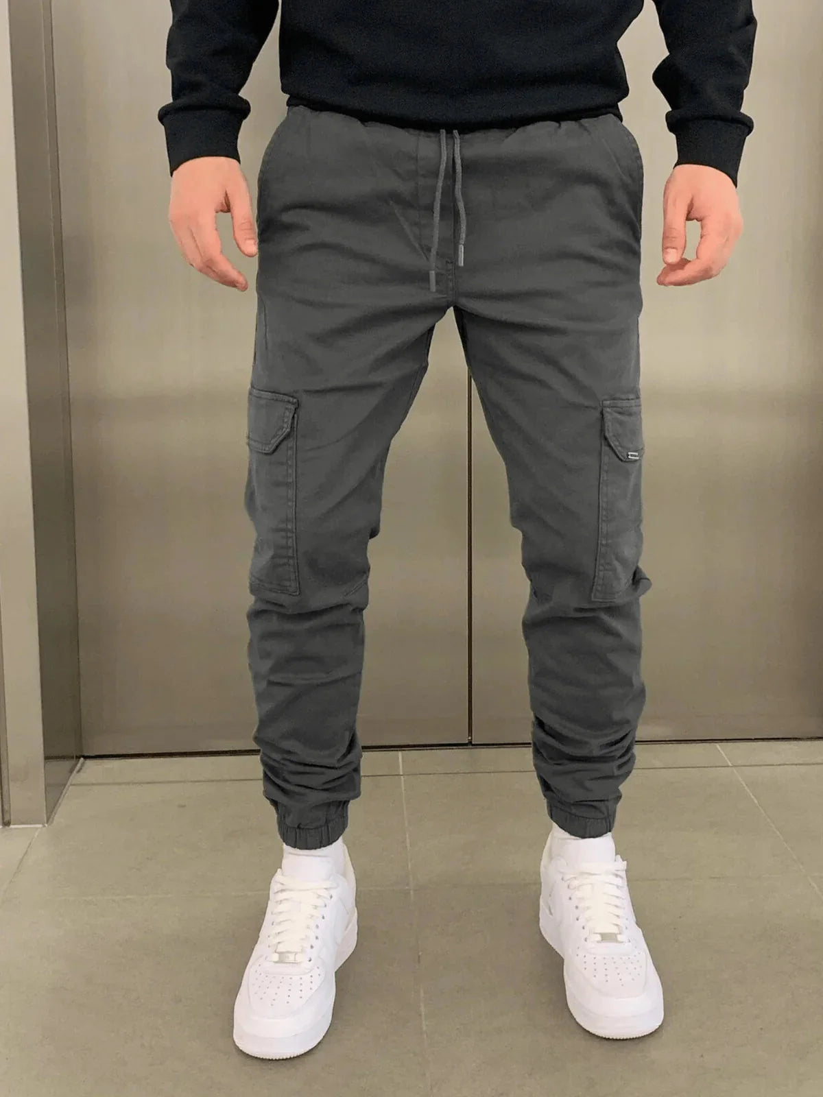 Grey Men's Slim Fit Cargo Joggers with Drawstring Waist & Multi-Pocket Design