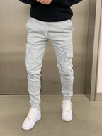 Light Grey Men's Slim Fit Cargo Joggers with Drawstring Waist & Multi-Pocket Design - Front Full