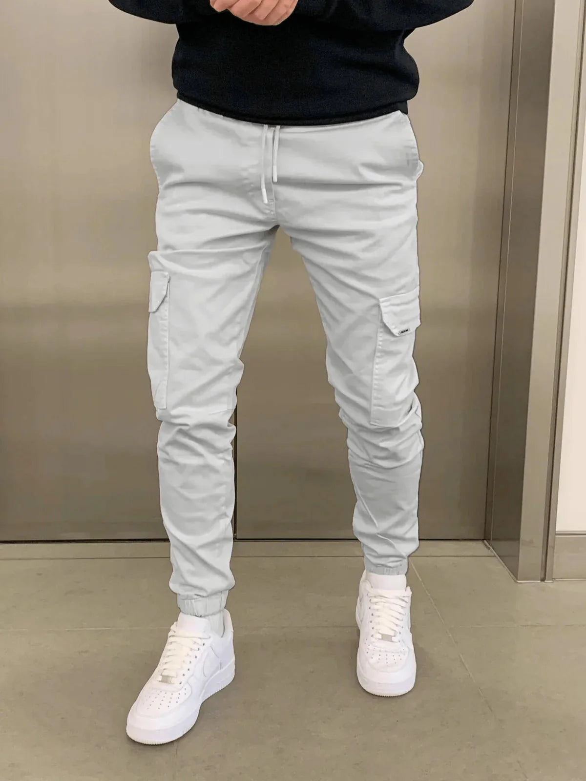 Light Grey Men's Slim Fit Cargo Joggers with Drawstring Waist & Multi-Pocket Design - Front Full
