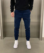 Navy Blue Men's Slim Fit Cargo Joggers with Drawstring Waist & Multi-Pocket Design - Front Full