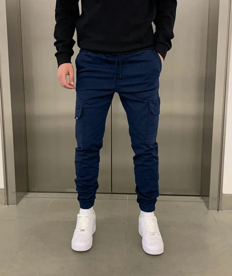 Navy Blue Men's Slim Fit Cargo Joggers with Drawstring Waist & Multi-Pocket Design - Front Full