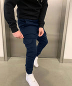 Navy Blue Men's Slim Fit Cargo Joggers with Drawstring Waist & Multi-Pocket Design — Harvey - Side Pocket Detail