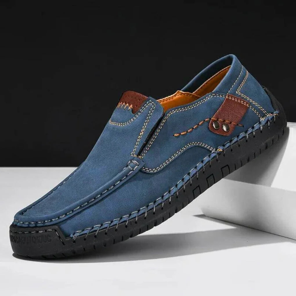 Blue Men's Casual Shoes with Arch Support — Meadow Slip-On Suede Loafers - Front Side View