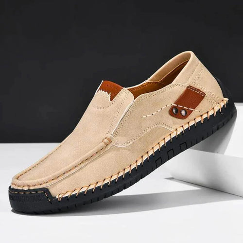 Brown Men's Casual Shoes with Arch Support — Meadow Slip-On Suede Loafers - Side Angle Studio
