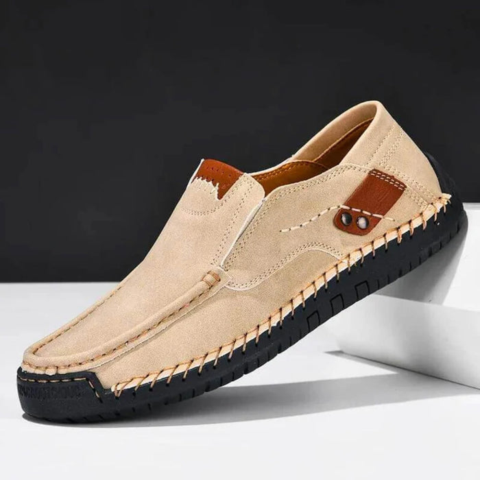 Brown Men's Casual Shoes with Arch Support — Meadow Slip-On Suede Loafers - Side Angle Studio