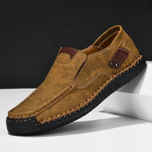 Brown Men's Casual Shoes with Arch Support — Meadow Slip-On Suede Loafers - Side Profile Detail