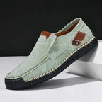 Green Men's Casual Shoes with Arch Support — Meadow Slip-On Suede Loafers - Elevated Side Pose