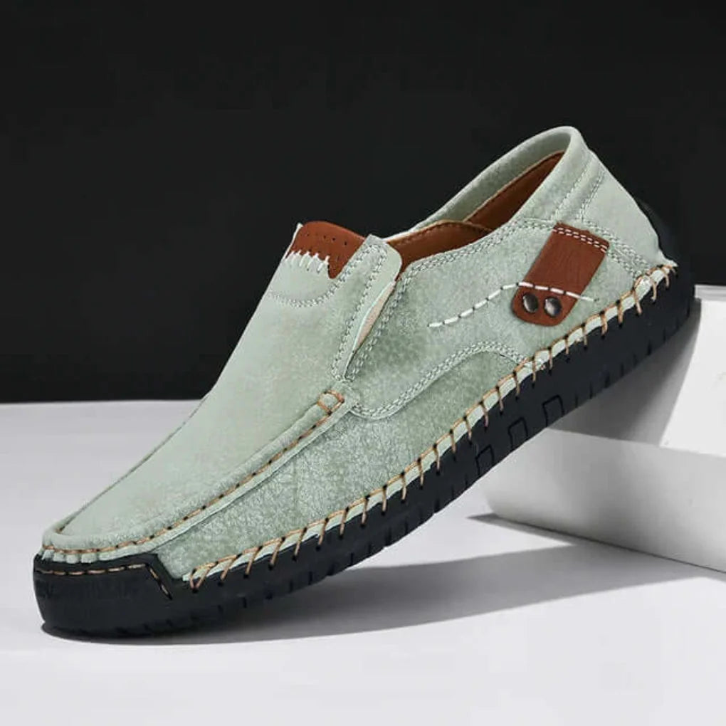 Green Men's Casual Shoes with Arch Support — Meadow Slip-On Suede Loafers - Elevated Side Pose