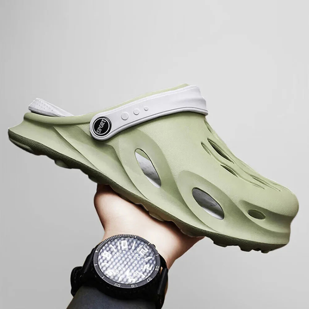 Green Men's Slip-On Clogs — Henry Cushioned Lightweight Ventilated - Hand Held Side Angle