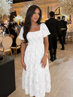 White Women's Floral Square Neck Puff Sleeve Midi Dress with Tiered Skirt — India - Front Pose