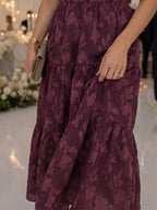 Wine Women's Floral Square Neck Puff Sleeve Midi Dress with Tiered Skirt — India - Close Up Fabric