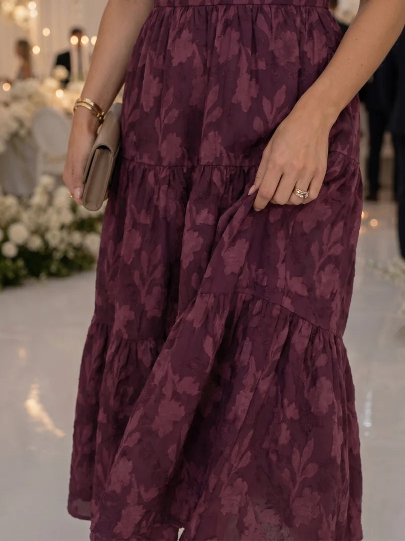 Wine Women's Floral Square Neck Puff Sleeve Midi Dress with Tiered Skirt — India - Close Up Fabric