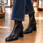 Black Women's Leather Ankle Boots with Square Toe & Comfort Block Heel - Close Up