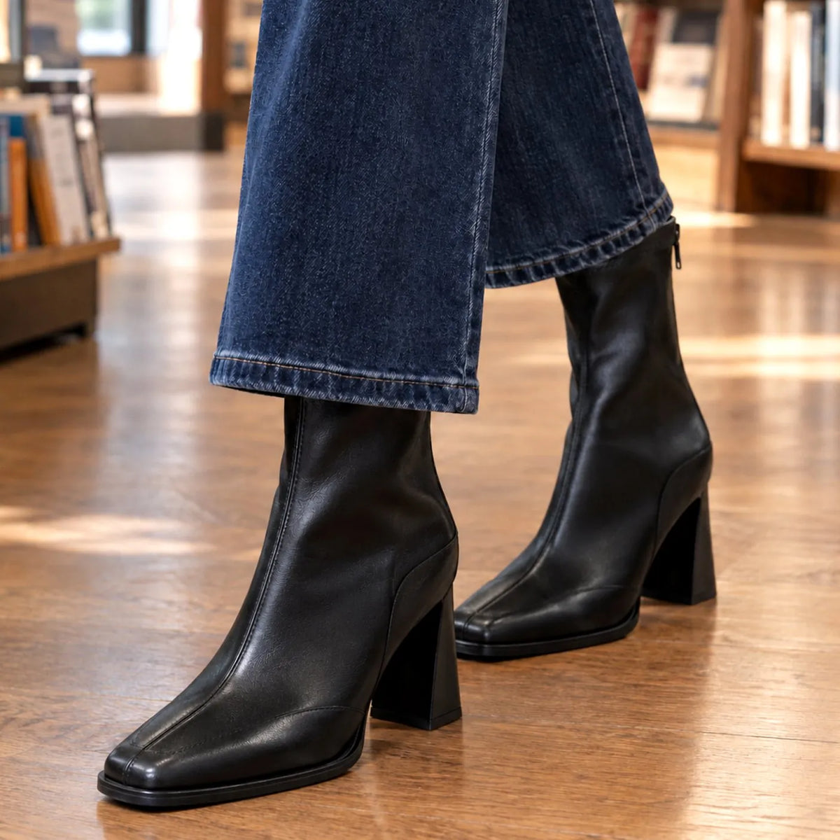 Black Women's Leather Ankle Boots with Square Toe & Comfort Block Heel - Close Up