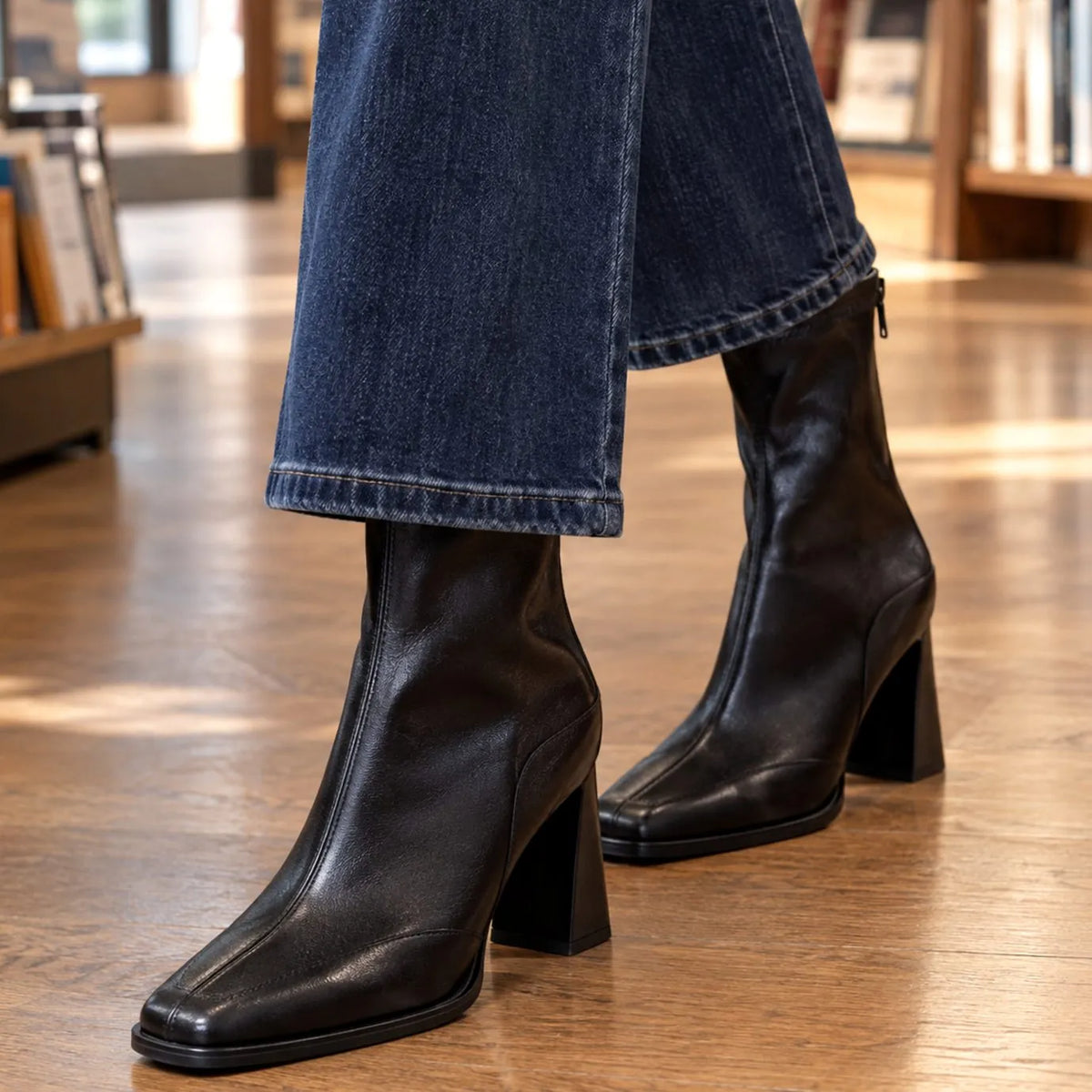 Black Single Lining Women's Leather Ankle Boots with Square Toe & Comfort Block Heel - Front Angle Wide