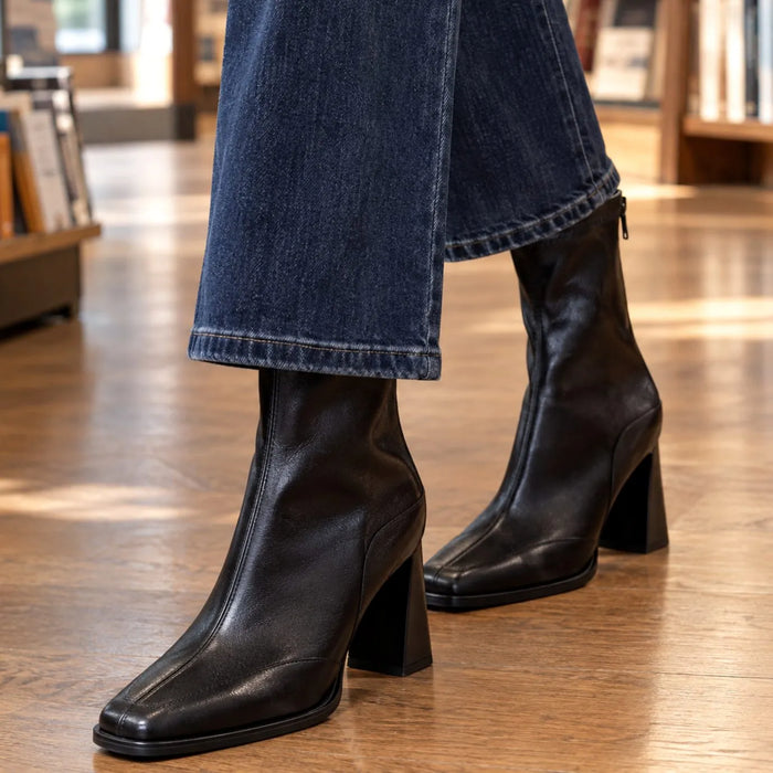 Black Single Lining Women's Leather Ankle Boots with Square Toe & Comfort Block Heel - Front Angle Wide
