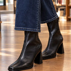 Women's Leather Ankle Boots with Square Toe & Comfort Block Heel - Side Profile Detail