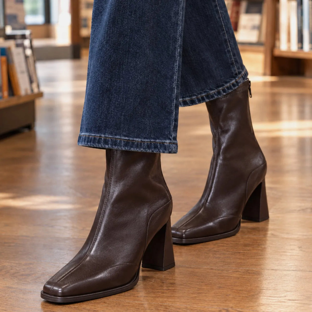 Brown Women's Leather Ankle Boots with Square Toe & Comfort Block Heel - Close Up