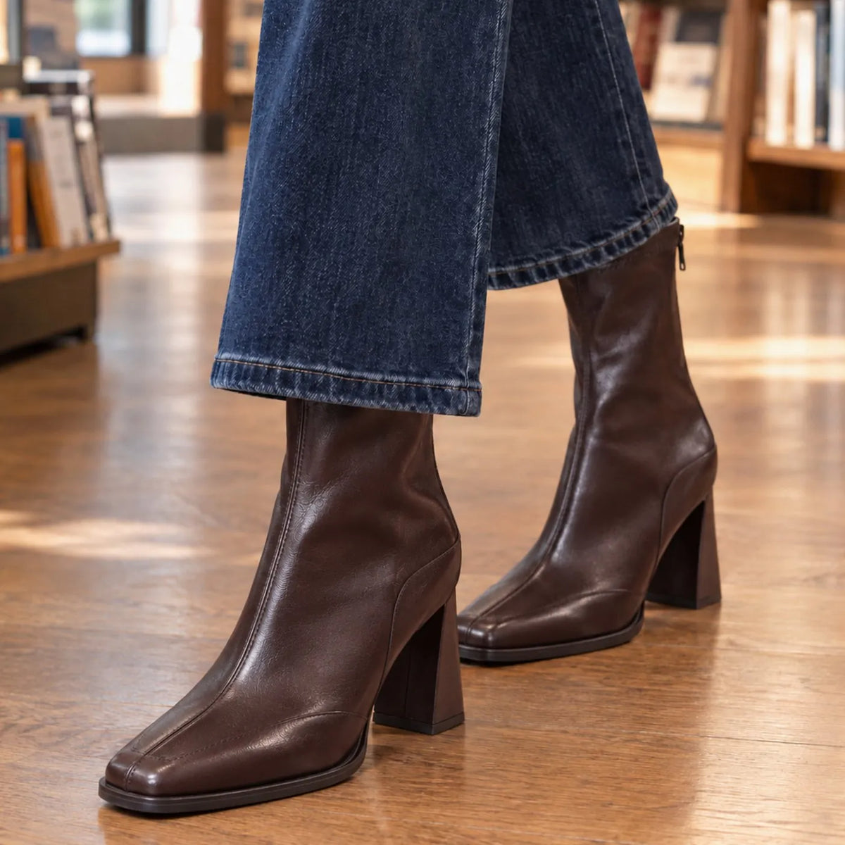 Brown Single Lining Women's Leather Ankle Boots with Square Toe & Comfort Block Heel - Front Angle