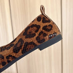 Dark Brown Women's Square Toe Leather Ballet Flats — Selma Suede Animal Print V-Cut - Heel Close Up