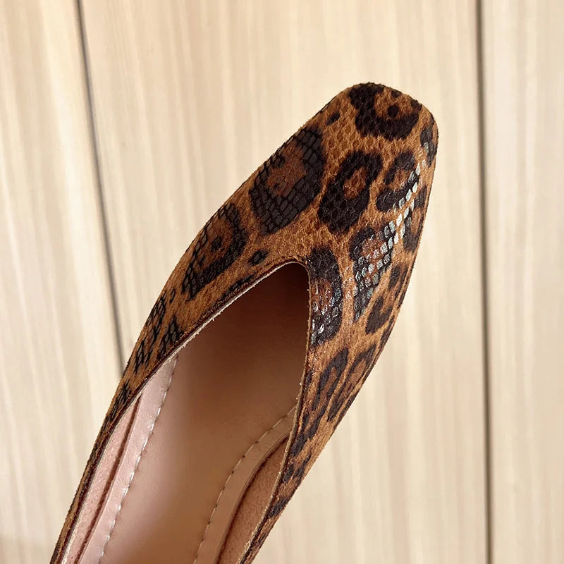 Dark Brown Women's Square Toe Leather Ballet Flats — Selma Suede Animal Print V-Cut - Toe Close Up