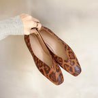 Light Brown Women's Square Toe Leather Ballet Flats — Selma Suede Animal Print V-Cut - Hand Held Side