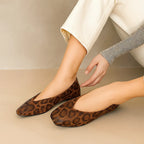 Light Brown Women's Square Toe Leather Ballet Flats — Selma Suede Animal Print V-Cut - Seated Pose Detail