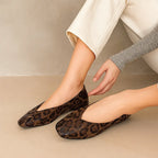 Light Brown Women's Square Toe Leather Ballet Flats — Selma Suede Animal Print V-Cut - Seated Pose