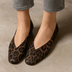 Light Brown Brown Women's Square Toe Leather Ballet Flats — Selma Suede Animal Print V-Cut - Worn Front Close