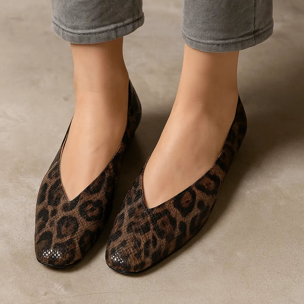 Light Brown Brown Women's Square Toe Leather Ballet Flats — Selma Suede Animal Print V-Cut - Worn Front Close