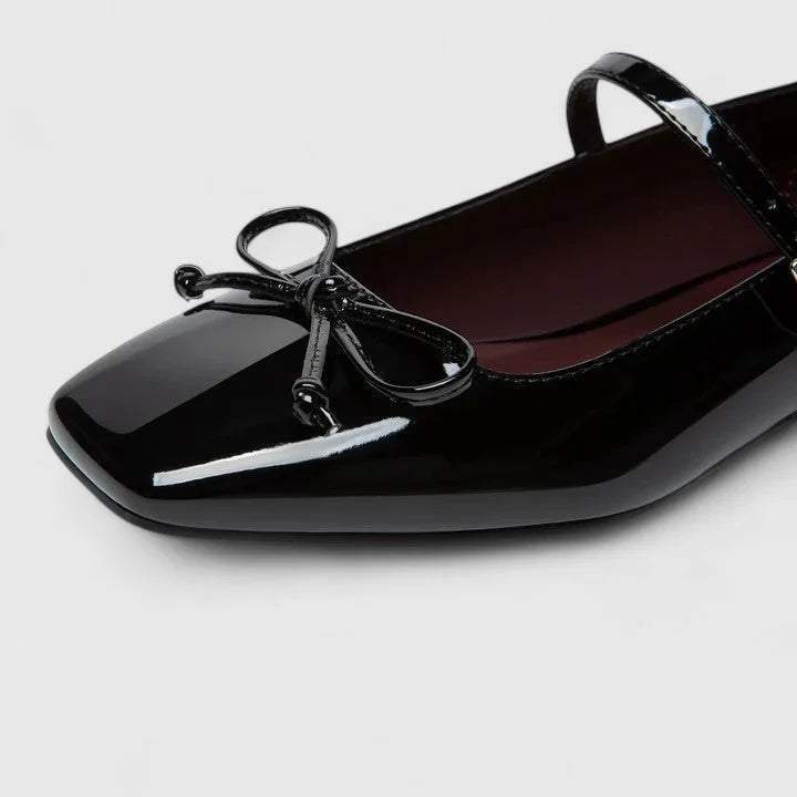 Black Women's Square Toe Mary Ballet Flats — Olivia Cushioned Bow-Strap Buckle - Close Up Bow Detail