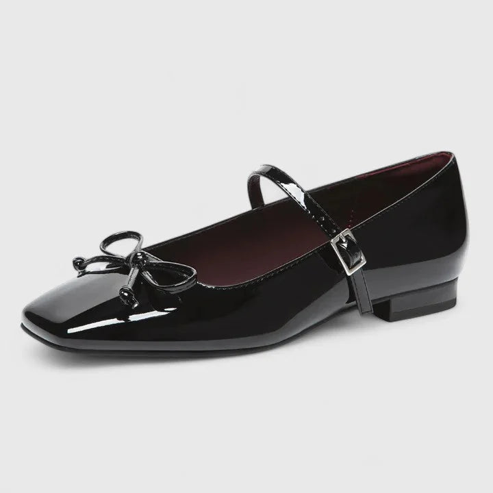 Black Women's Square Toe Mary Ballet Flats — Olivia Cushioned Bow-Strap Buckle - Front Angle Close