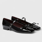 Black Women's Square Toe Mary Ballet Flats — Olivia Cushioned Bow-Strap Buckle - Pair Front Side