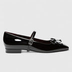 Black Women's Square Toe Mary Ballet Flats — Olivia Cushioned Bow-Strap Buckle - Side Profile