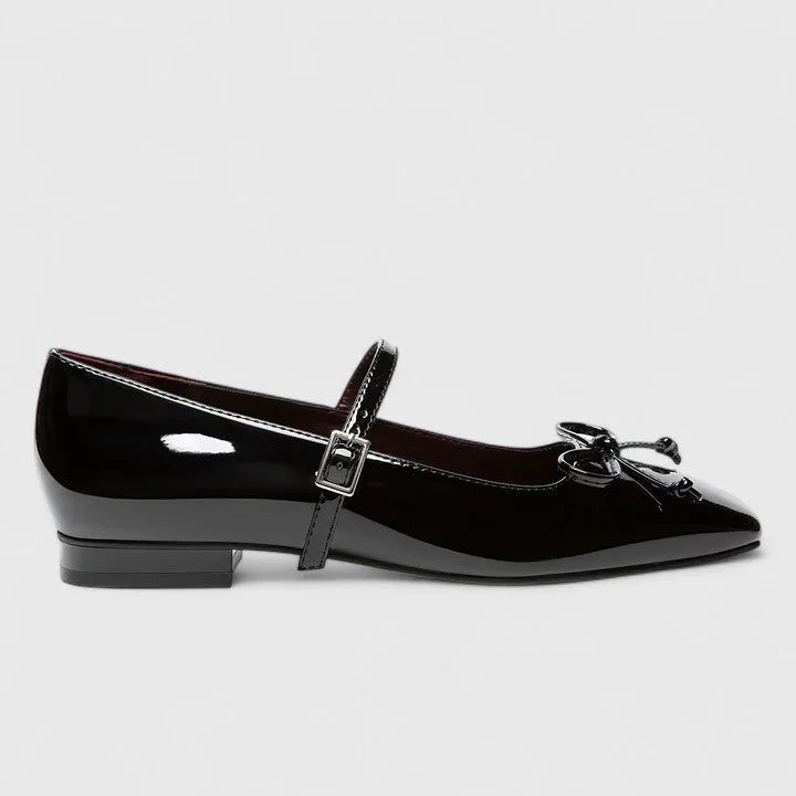 Black Women's Square Toe Mary Ballet Flats — Olivia Cushioned Bow-Strap Buckle - Side Profile
