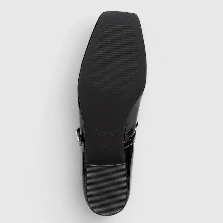 Black Women's Square Toe Mary Ballet Flats — Olivia Cushioned Bow-Strap Buckle - Sole Detail