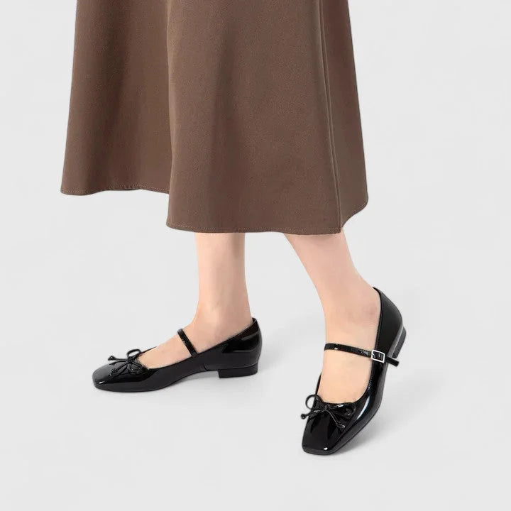 Black Women's Square Toe Mary Ballet Flats — Olivia Cushioned Bow-Strap Buckle - Worn Lifestyle
