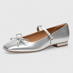 Silver Women's Square Toe Mary Ballet Flats — Olivia Cushioned Bow-Strap Buckle - Front Side Single