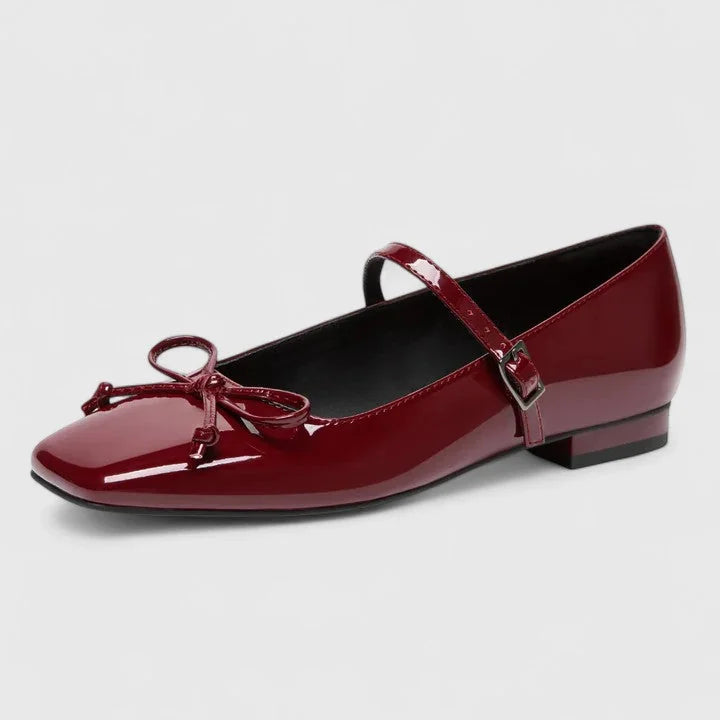 Wine Women's Square Toe Mary Ballet Flats — Olivia Cushioned Bow-Strap Buckle - Front Side Angle