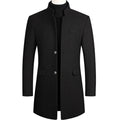 Black Men's Overcoat with Stand Collar & Single-Breasted Wool Front