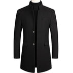 Black Men's Overcoat with Stand Collar & Single-Breasted Wool Front
