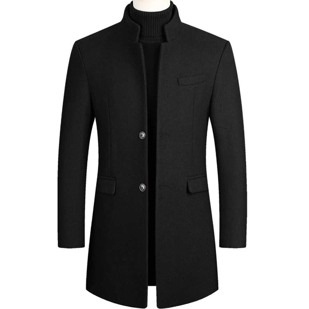 Black Men's Overcoat with Stand Collar & Single-Breasted Wool Front