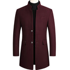 Burgundy Men's Overcoat with Stand Collar & Single-Breasted Wool Front