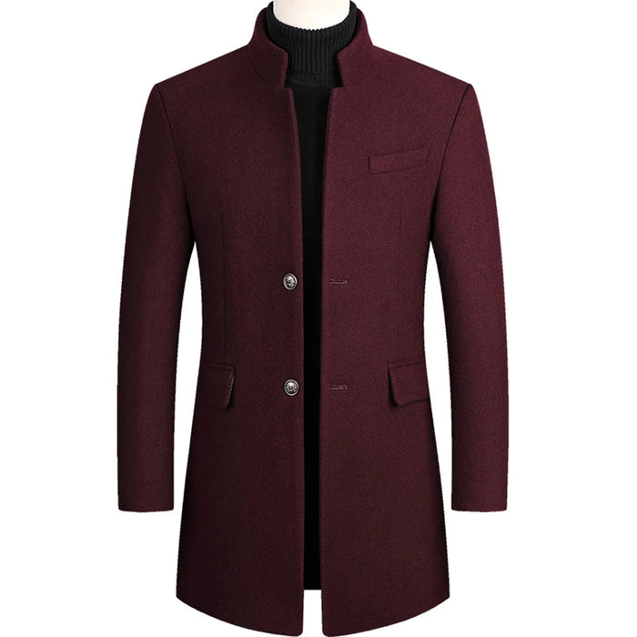 Burgundy Men's Overcoat with Stand Collar & Single-Breasted Wool Front