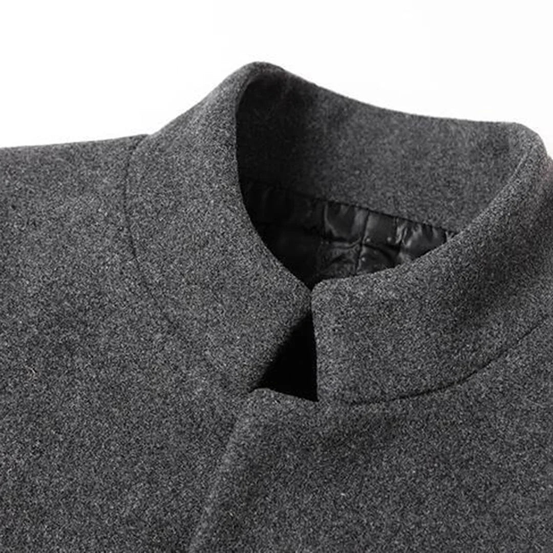 Men's Overcoat with Stand Collar & Single-Breasted Wool Front - Close Up Collar