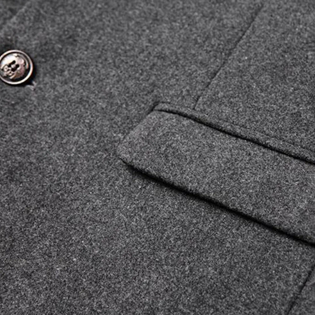 Men's Overcoat with Stand Collar & Single-Breasted Wool Front - Pocket Detail