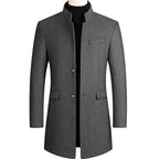 Grey Men's Overcoat with Stand Collar & Single-Breasted Wool Front